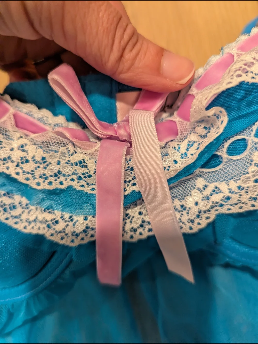 Jezebel Bright Blue Sheer Babydoll with Pink Ribbon Accent
